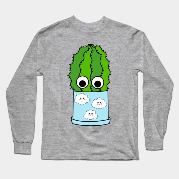 Cute Cactus Design #225: Chunky Cactus In Cute Cloudy Pot Long Sleeve T-Shirt by DreamCactus